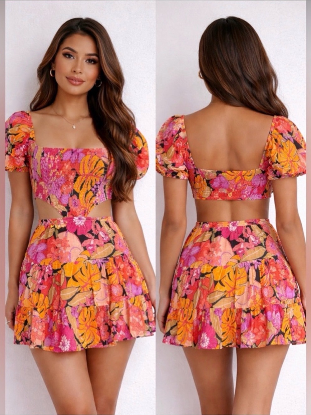 Floral Cutout Mini Dress - Pink & Orange